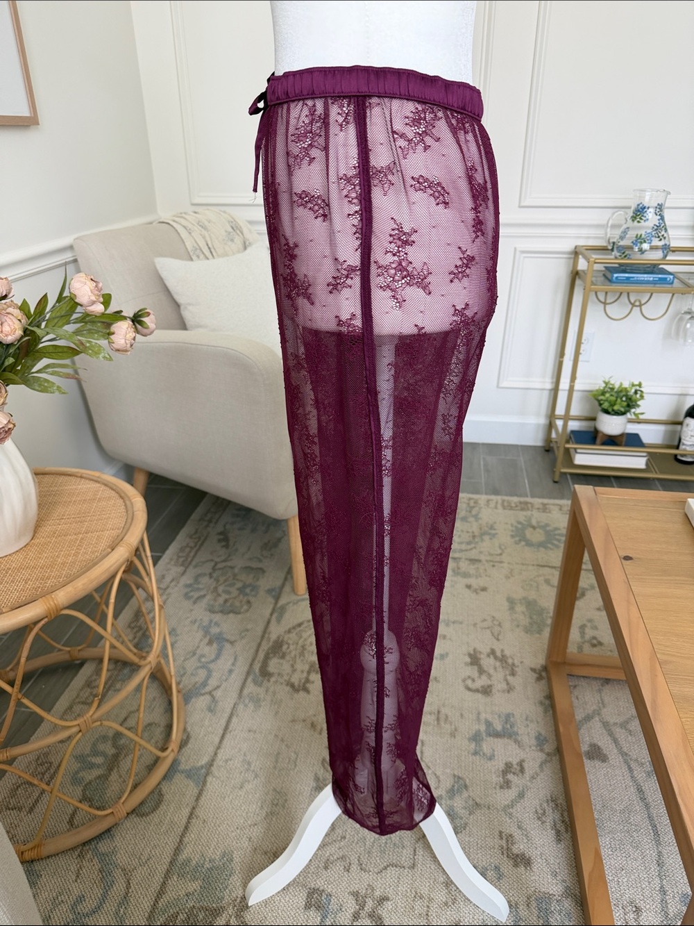 Victoria's Secret Sheer Lace Cover-Up Pants Burgundy Resort Lingerie M - Picture 4 of 13